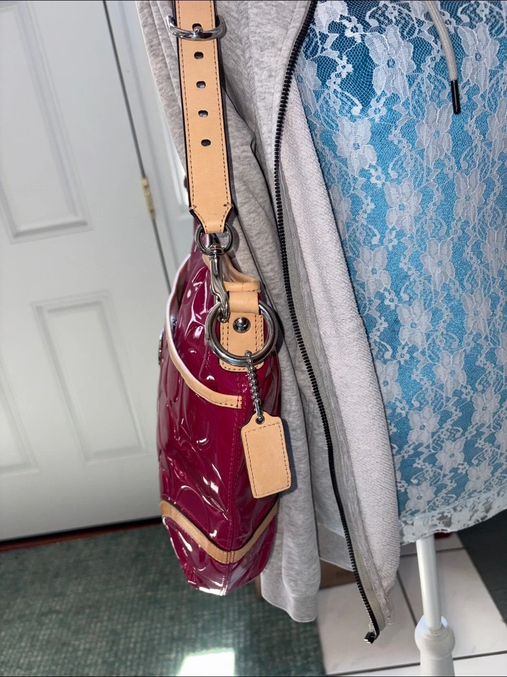 Coach Peyton Patent convertible bag Shoulder/Crossbody Fuchsia /Tan leather Trim